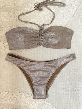 H&M Brown & Silver Metallic Bandeau Bikini Set | High Leg Cheeky Bottoms | Sz 10